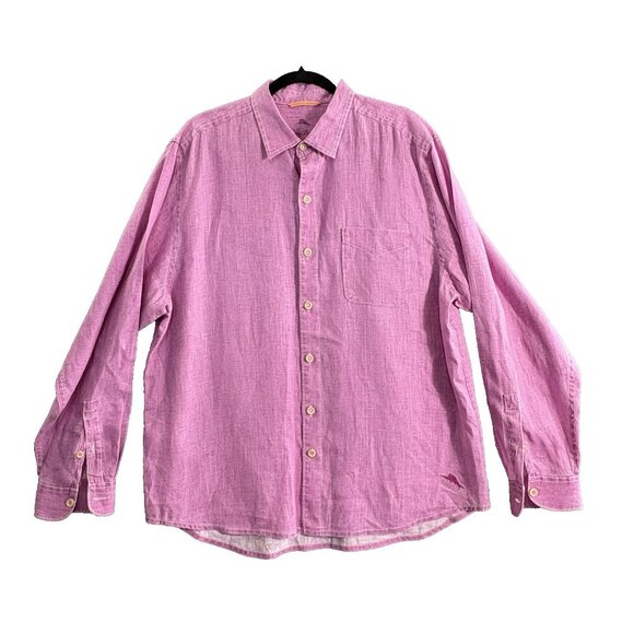 TOMMY BAHAMA Men Linen Shirt Sz L Pink Long Sleeve Button Front Vacation 12-2 - Picture 1 of 12